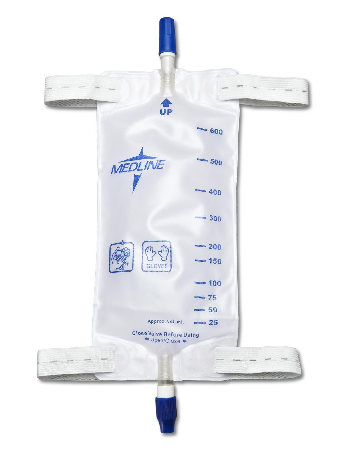 Urinary Leg Drain Bags with Elastic Straps, Vinyl Back, Twist Valve, Large, 900 mL