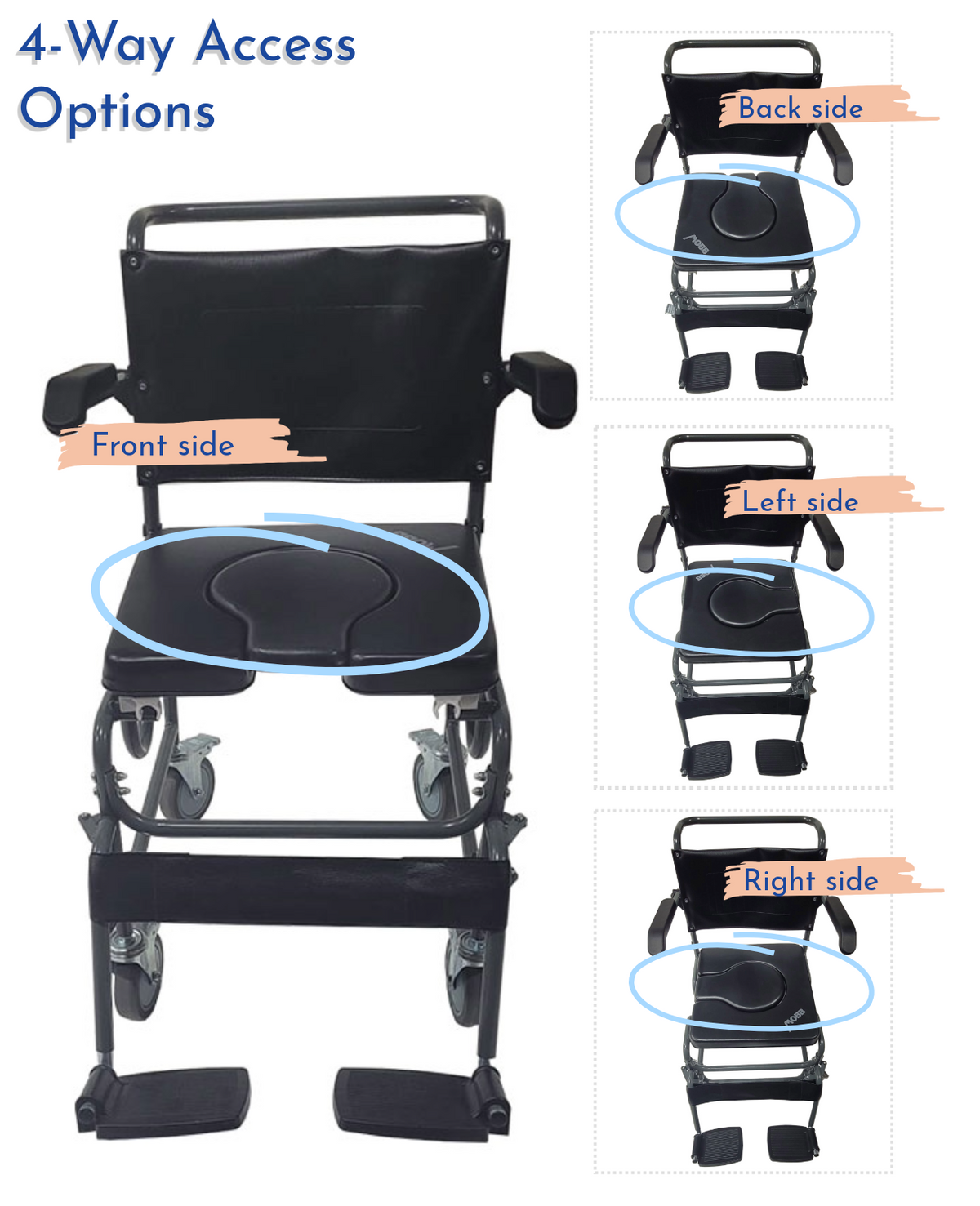 4 Way Padded Steel Commode Chair with Wheels