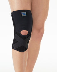 Medical Knee Brace Support With Cross Strap For Sports & Injury Support Adjustable Compression Support With Bi-directional Strap For Soft Tissue Protection - Black